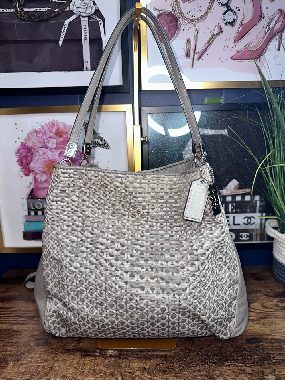 2013 Coach Kristin Op Art Jacquard Leather Tote Shoulder Bag Gray F18776